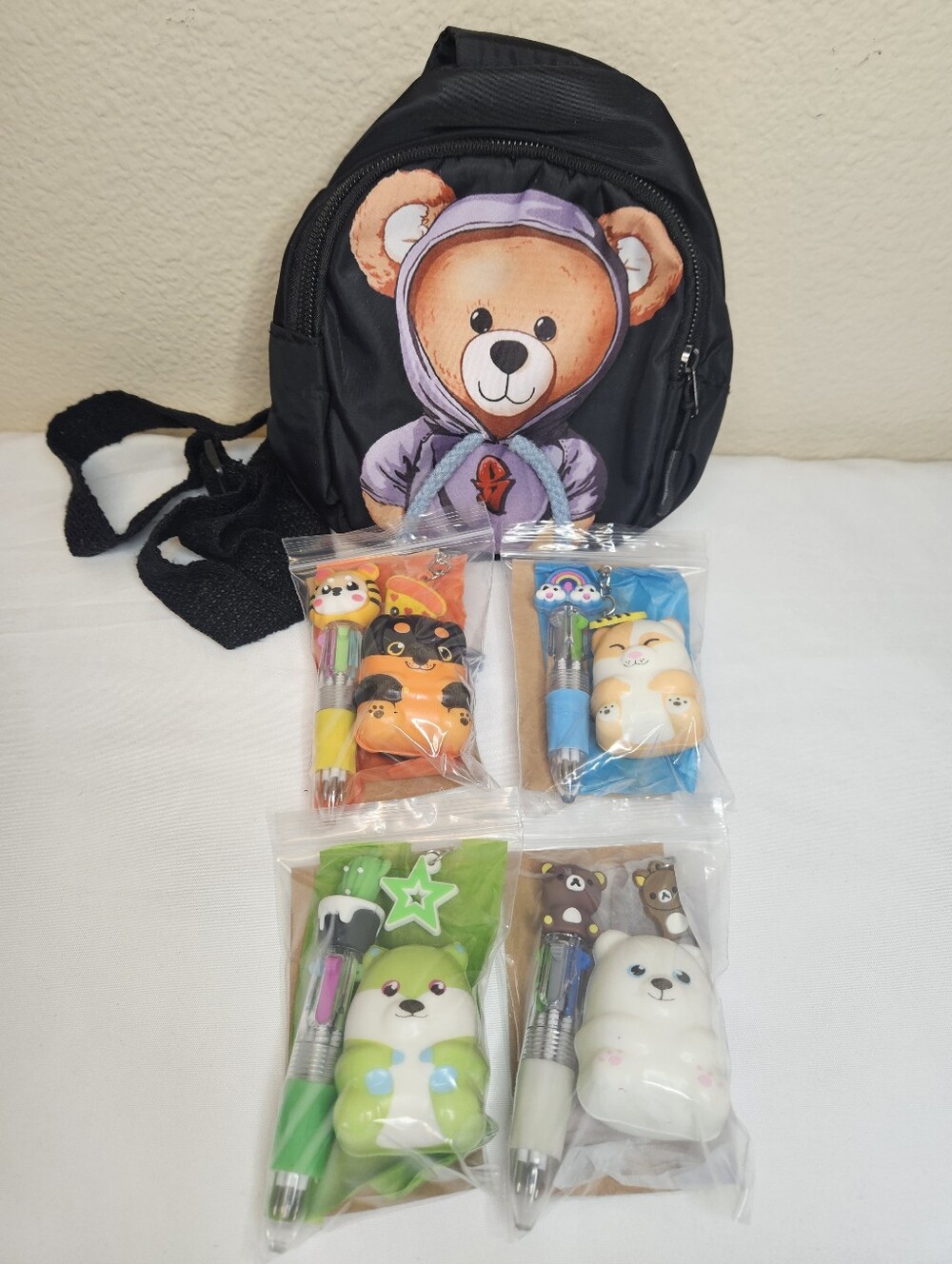 Set of 4 Bags | Squishy, 4-Color Pen, Keychain & Thank You Card NEW | Favor Bags